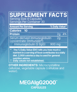 Supplement facts label on a bottle showing 4 capsules per serving, 10 calories, 2g protein, and 900 mg Immunoglobulin G (IgG).