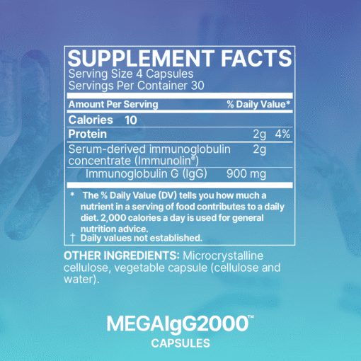 Supplement facts label on a bottle showing 4 capsules per serving, 10 calories, 2g protein, and 900 mg Immunoglobulin G (IgG).