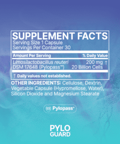 Supplement facts for PyloGuard probiotic with Limosilactobacillus reuteri DSM 17648, 200 mg, 20 billion cells per capsule.