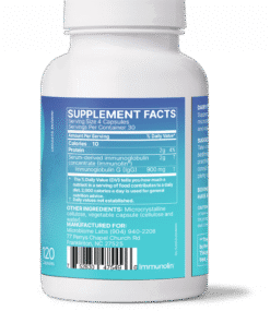 Supplement facts label on a bottle showing serving size of 4 capsules, key ingredient immunoglobulin G at 900 mg, and 10 calories per serving.