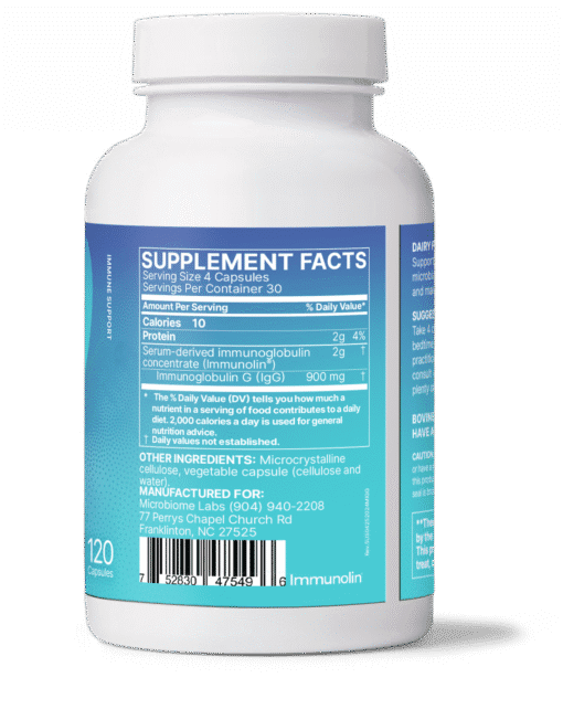 Supplement facts label on a bottle showing serving size of 4 capsules, key ingredient immunoglobulin G at 900 mg, and 10 calories per serving.