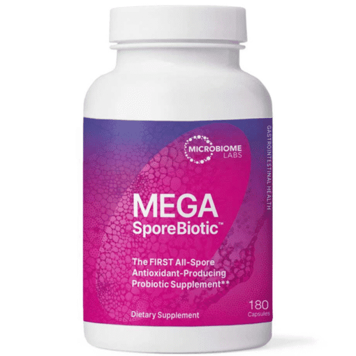 Bottle of MEGA SporeBiotic probiotic supplement with 180 capsules, labeled as antioxidant-producing and all-spore formula.