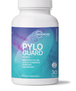 Bottle of Microbiome Labs Pylo Guard dietary supplement with 30 capsules for digestive discomfort and immune support.