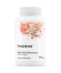 Bottle of Thorne Milk Thistle Phytosome dietary supplement with liver detox support, containing 90 capsules.