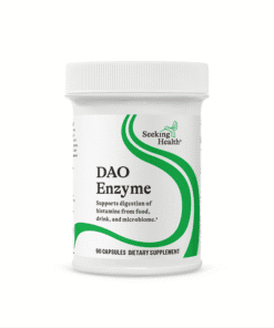 White bottle labeled Seeking Health DAO Enzyme dietary supplement with green curved design containing 90 capsules, supports digestion of histamine from food, drink, and microbiome