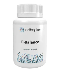 White bottle of Orthoplex P-Balance supplement with 60 hard capsules