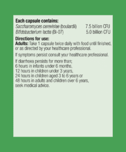 Supplement facts label showing each capsule contains Saccharomyces cerevisiae boulardii 7.5 billion CFU and Bifidobacterium lactis Bi-07 5 billion CFU, with directions to take 1 capsule twice daily and consult healthcare if symptoms persist.