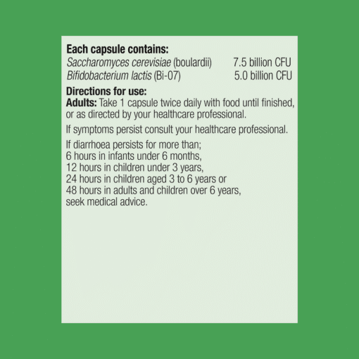 Supplement facts label showing each capsule contains Saccharomyces cerevisiae boulardii 7.5 billion CFU and Bifidobacterium lactis Bi-07 5 billion CFU, with directions to take 1 capsule twice daily and consult healthcare if symptoms persist.