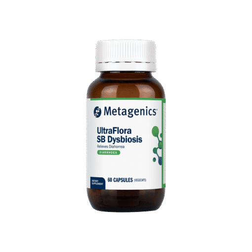 Supplement bottle of Metagenics UltraFlora SB Dysbiosis with 60 capsules, for relieving diarrhea.