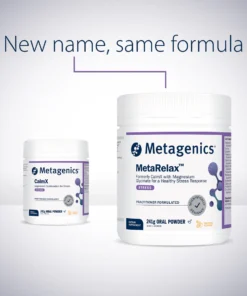Two Metagenics supplement jars, showing old name CalmX and new name MetaRelax with magnesium glycinate for stress support in 241g oral powder form.