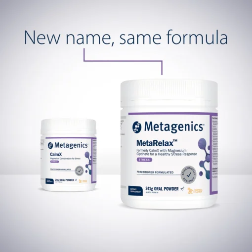 Two Metagenics supplement jars, showing old name CalmX and new name MetaRelax with magnesium glycinate for stress support in 241g oral powder form.