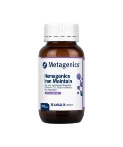 Bottle of Metagenics Hemagenics Iron Maintain dietary supplement with 60 capsules for iron absorption support.
