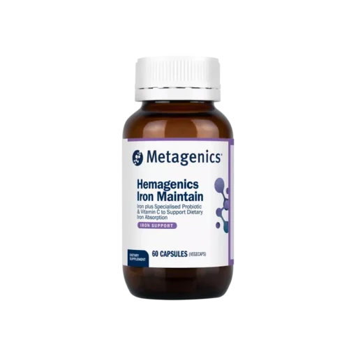 Bottle of Metagenics Hemagenics Iron Maintain dietary supplement with 60 capsules for iron absorption support.