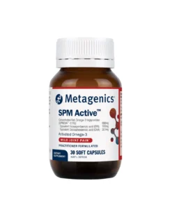 Bottle of Metagenics SPM Active supplement with 30 soft capsules, containing activated Omega-3 for mild joint pain.