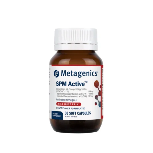 Bottle of Metagenics SPM Active supplement with 30 soft capsules, containing activated Omega-3 for mild joint pain.