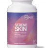 White bottle of Serene Skin probiotic-infused skincare dietary supplement with a purple label, containing 60 capsules, by Microbiome Labs, supporting gut-skin axis and beauty from within