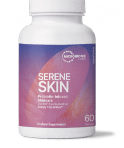 White bottle of Serene Skin probiotic-infused skincare dietary supplement with a purple label, containing 60 capsules, by Microbiome Labs, supporting gut-skin axis and beauty from within