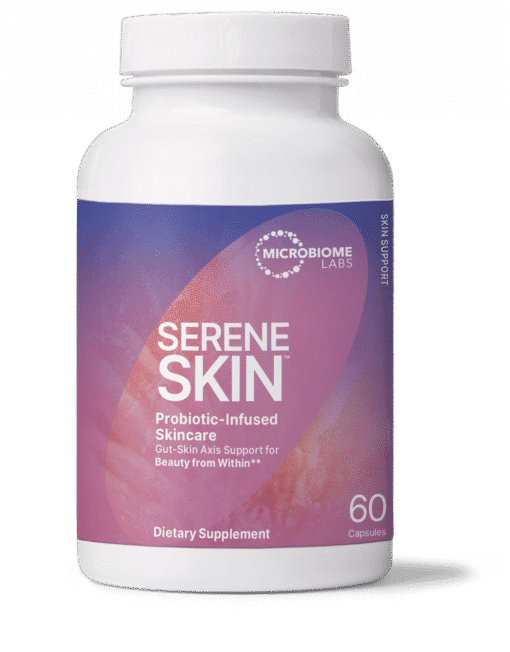 White bottle of Serene Skin probiotic-infused skincare dietary supplement with a purple label, containing 60 capsules, by Microbiome Labs, supporting gut-skin axis and beauty from within