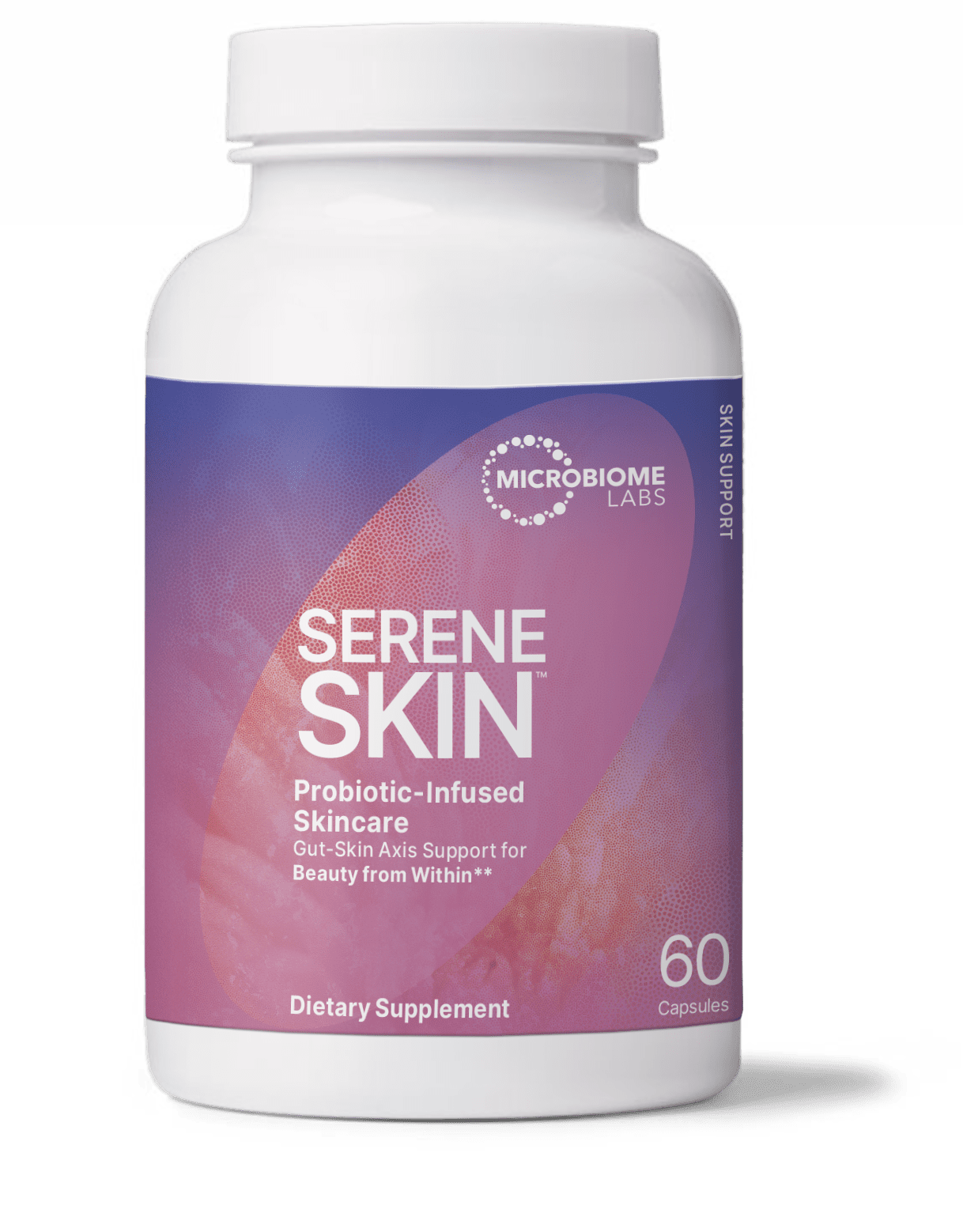 White bottle of Serene Skin probiotic-infused skincare dietary supplement with a purple label, containing 60 capsules, by Microbiome Labs, supporting gut-skin axis and beauty from within