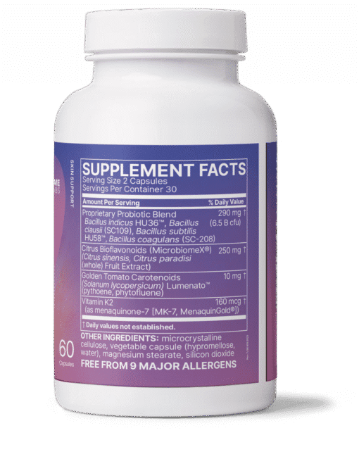 Supplement facts label on a white bottle with purple background, showing serving size of 2 capsules and 30 servings per container, listing proprietary probiotic blend, citrus bioflavonoids, golden tomato carotenoids, and vitamin K2 as key ingredients with their amounts and daily values, plus other ingredients and note of being free from 9 major allergens.