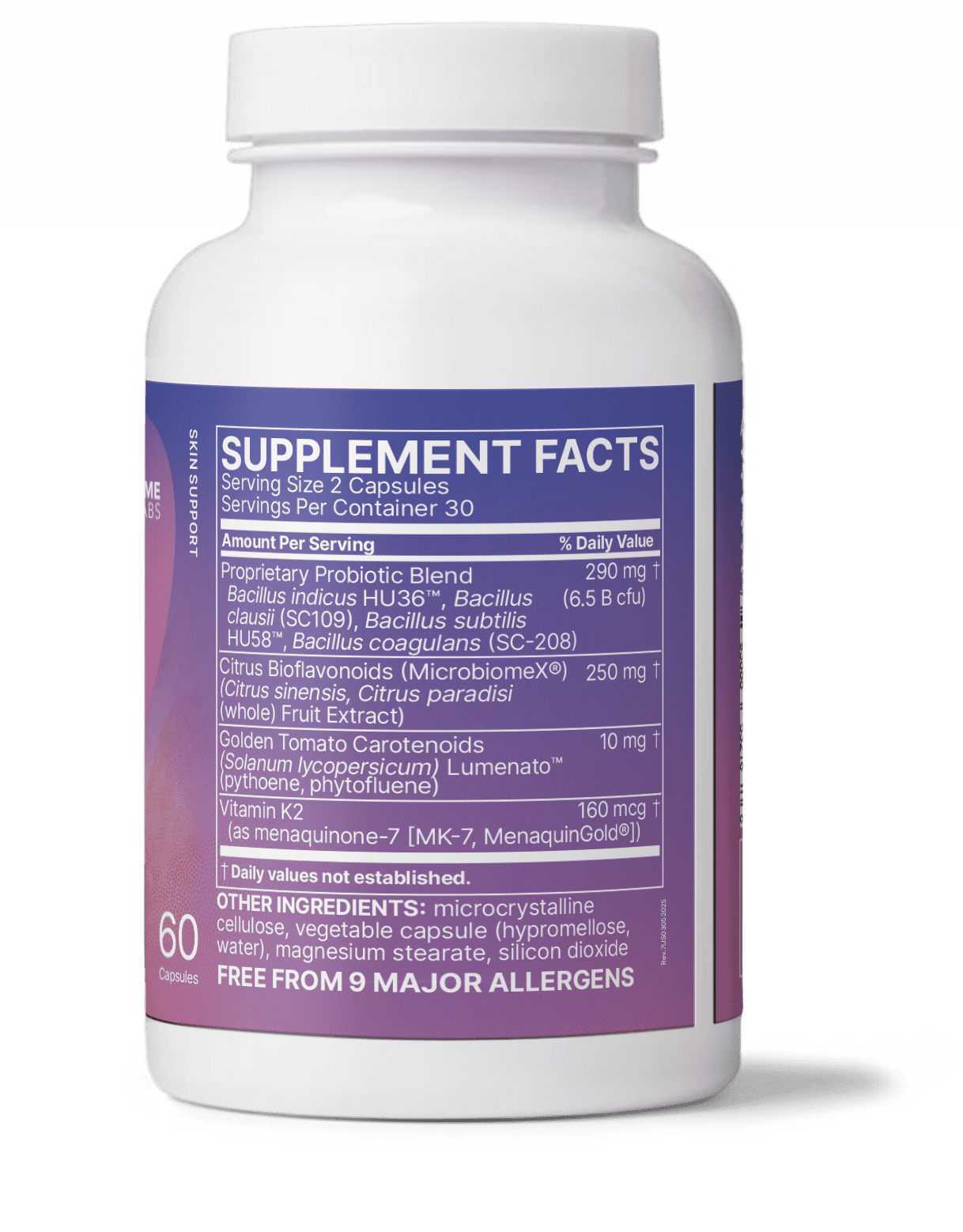 Supplement facts label on a white bottle with purple background, showing serving size of 2 capsules and 30 servings per container, listing proprietary probiotic blend, citrus bioflavonoids, golden tomato carotenoids, and vitamin K2 as key ingredients with their amounts and daily values, plus other ingredients and note of being free from 9 major allergens.