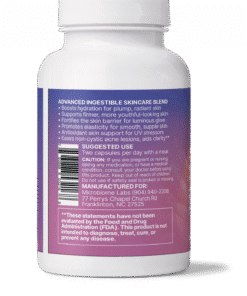 Back label of a white supplement bottle with text describing an advanced ingestible skincare blend, suggested use of two capsules per day with a meal, caution for pregnant or nursing individuals, manufacturer information for Microbiome Labs in Franklinton, NC, a barcode, and an FDA disclaimer about the product not being intended to diagnose, treat, cure, or prevent any disease.