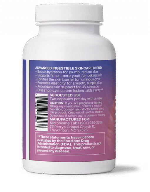 Back label of a white supplement bottle with text describing an advanced ingestible skincare blend, suggested use of two capsules per day with a meal, caution for pregnant or nursing individuals, manufacturer information for Microbiome Labs in Franklinton, NC, a barcode, and an FDA disclaimer about the product not being intended to diagnose, treat, cure, or prevent any disease.
