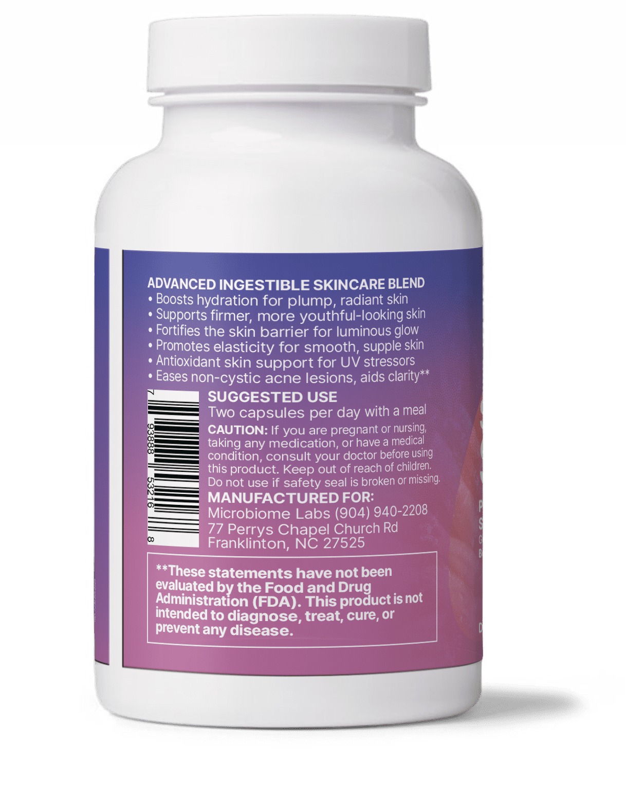 Back label of a white supplement bottle with text describing an advanced ingestible skincare blend, suggested use of two capsules per day with a meal, caution for pregnant or nursing individuals, manufacturer information for Microbiome Labs in Franklinton, NC, a barcode, and an FDA disclaimer about the product not being intended to diagnose, treat, cure, or prevent any disease.