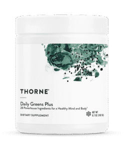 White container of Thorne Daily Greens Plus dietary supplement with green abstract design on label
