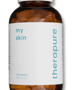 Brown bottle with white cap containing orange capsules, labeled 'my skin therapure' and indicating 120 capsules.