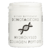 White container labeled DONOTAGE.ORG dietary supplement with a black DNA double helix graphic and the text Hydrolysed Collagen Peptides