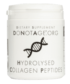 White container labeled DONOTAGE.ORG dietary supplement with a black DNA double helix graphic and the text Hydrolysed Collagen Peptides