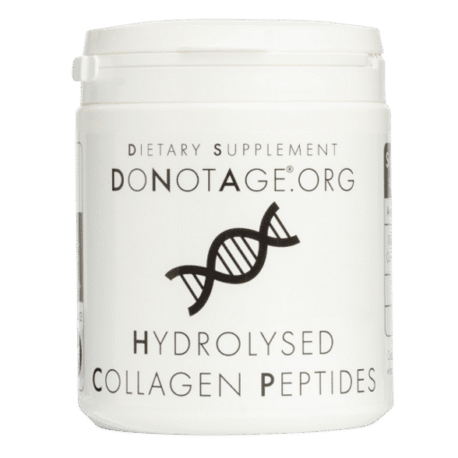 White container labeled DONOTAGE.ORG dietary supplement with a black DNA double helix graphic and the text Hydrolysed Collagen Peptides