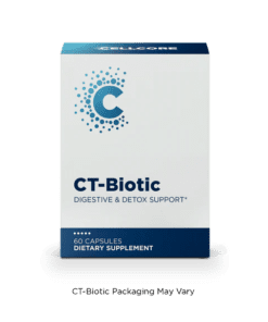 Box of CT-Biotic dietary supplement featuring digestive and detox support with 60 capsules by CellCore