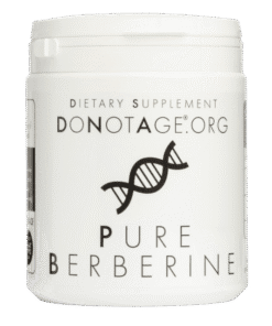 White container of dietary supplement labeled DONOTAGE.ORG PURE BERBERINE with a DNA double helix graphic in the center.