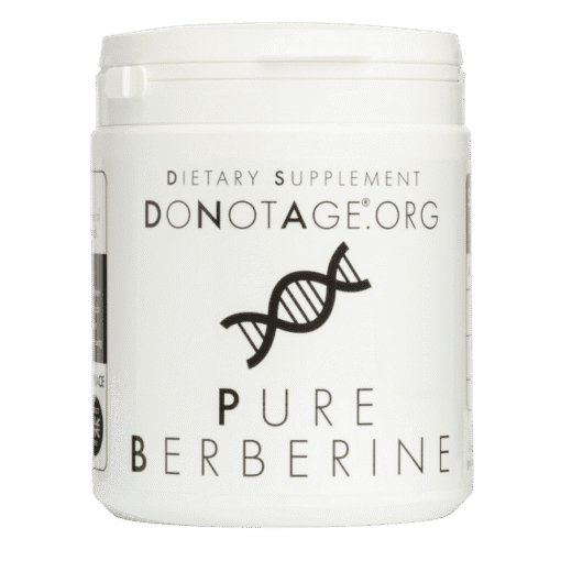White container of dietary supplement labeled DONOTAGE.ORG PURE BERBERINE with a DNA double helix graphic in the center.