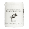 White container from DONOTAGE.ORG containing pure hyaluronic acid with a DNA double helix graphic in the center