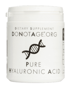 White container from DONOTAGE.ORG containing pure hyaluronic acid with a DNA double helix graphic in the center