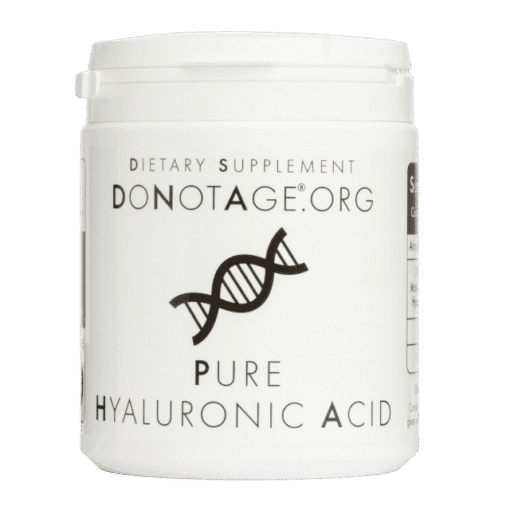 White container from DONOTAGE.ORG containing pure hyaluronic acid with a DNA double helix graphic in the center