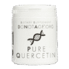 White plastic jar labeled as dietary supplement from Donotage.org containing pure quercetin, featuring a DNA strand graphic on the front