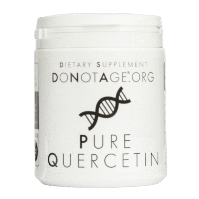White plastic jar labeled as dietary supplement from Donotage.org containing pure quercetin, featuring a DNA strand graphic on the front