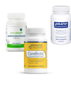 Three probiotic supplement bottles: SeekingHealth Saccharomyces Boulardii, Researched Nutritionals CoreBiotic, and Pure Encapsulations Probiotic-5
