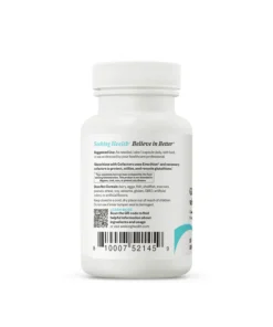 White supplement bottle with a white cap showing usage instructions, cautions, and a barcode on the back label.