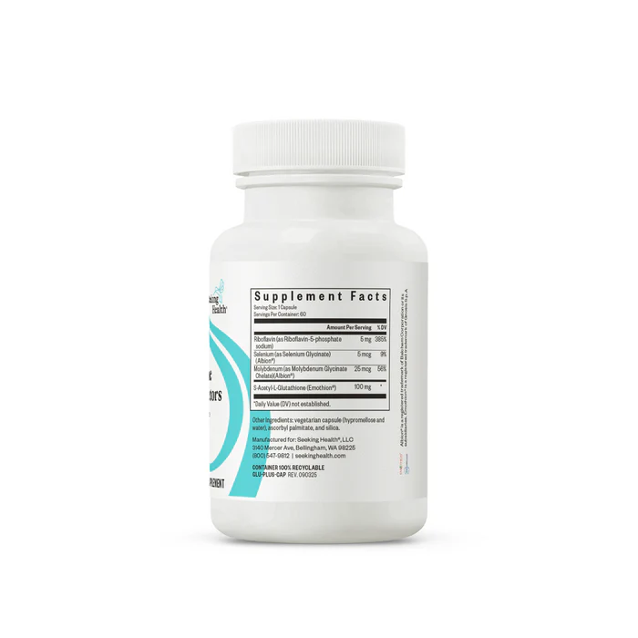 White supplement bottle showing the supplement facts label with riboflavin, selenium, molybdenum, and S-acetyl-L-glutathione details.