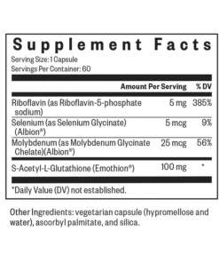 Supplement facts listing riboflavin 5 mg, selenium 5 mcg, molybdenum 25 mcg, and S-acetyl-L-glutathione 100 mg per capsule with other ingredients including vegetarian capsule, ascorbyl palmitate, and silica.