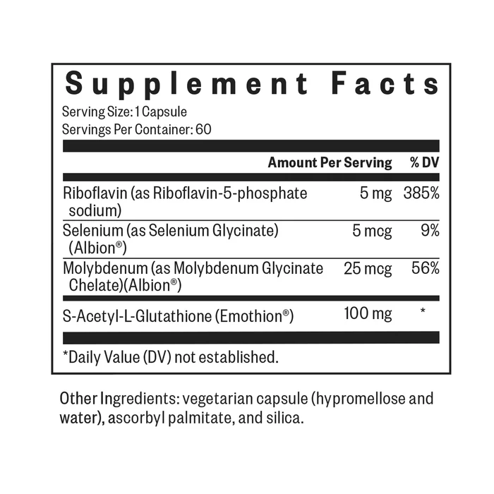 Supplement facts listing riboflavin 5 mg, selenium 5 mcg, molybdenum 25 mcg, and S-acetyl-L-glutathione 100 mg per capsule with other ingredients including vegetarian capsule, ascorbyl palmitate, and silica.