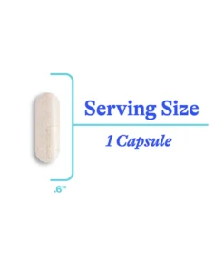 White capsule pill labeled with serving size of one capsule and measuring 0.6 inches in length.