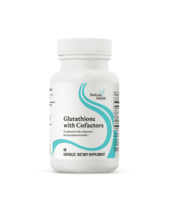 White bottle of Seeking Health Glutathione with Cofactors dietary supplement with 60 capsules and blue wave design on label.