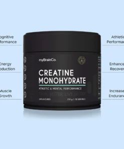 Container of myBrainCo creatine monohydrate supplement highlighting benefits like cognitive, athletic performance, energy, recovery, muscle growth, and endurance.
