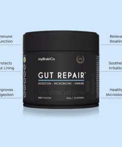 Black container of myBrainCo Gut Repair supplement with benefits like immune function, gut lining protection, digestion improvement, bloating relief, irritation soothing, and healthy microbiome.